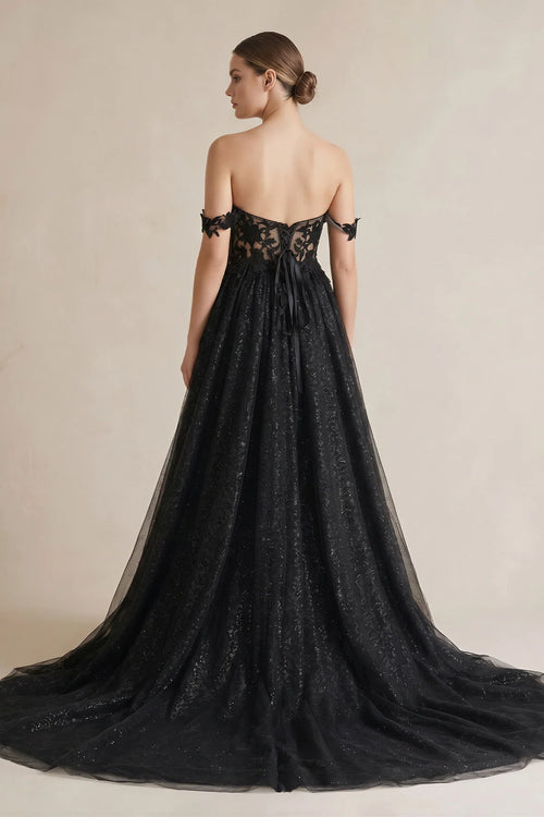 A-Line Black Gothic Wedding Dresses with Sequin Lace Appliques
