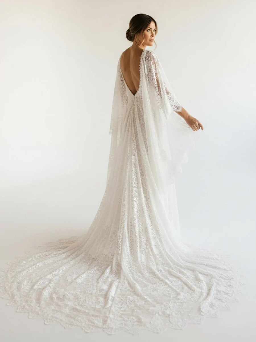 Ivory Long Sleeve Cape Lace Mermaid Wedding Dress with Appliques