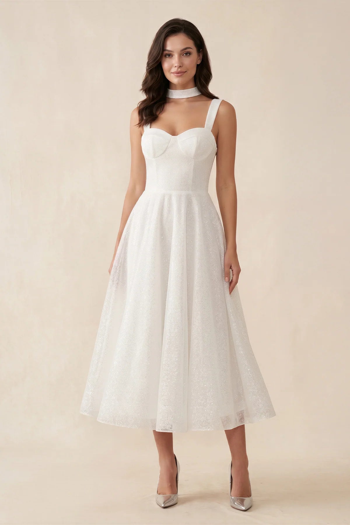 A-Line Sparkly Sequined Tea-Length Wedding Dresses