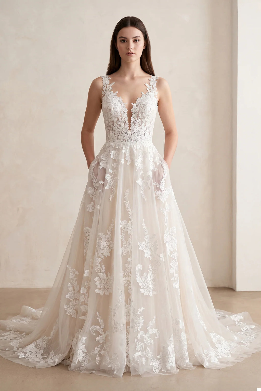 Ivory V-Neck A-Line Tulle Wedding Dress with Pockets