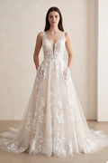 Ivory V-Neck A-Line Tulle Wedding Dress with Pockets