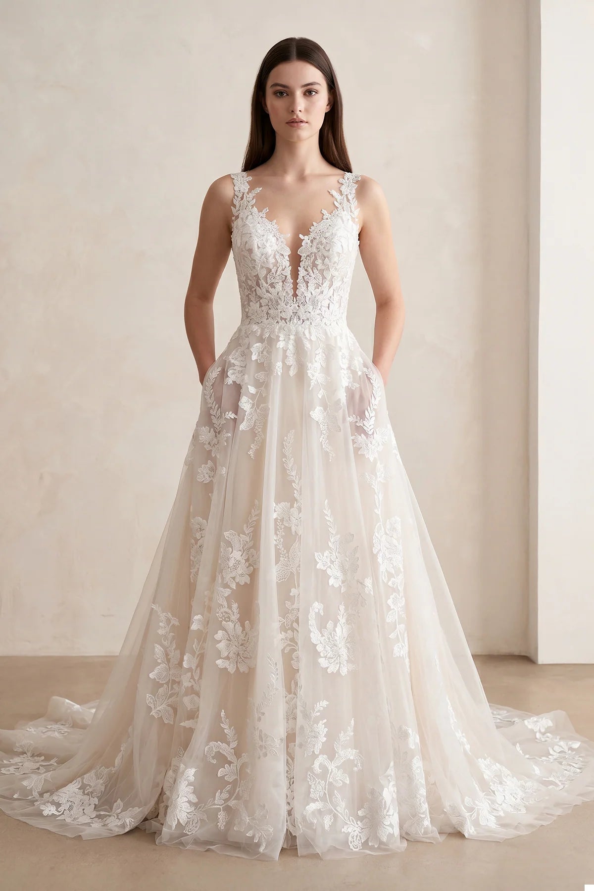 Ivory V-Neck A-Line Tulle Wedding Dress with Pockets