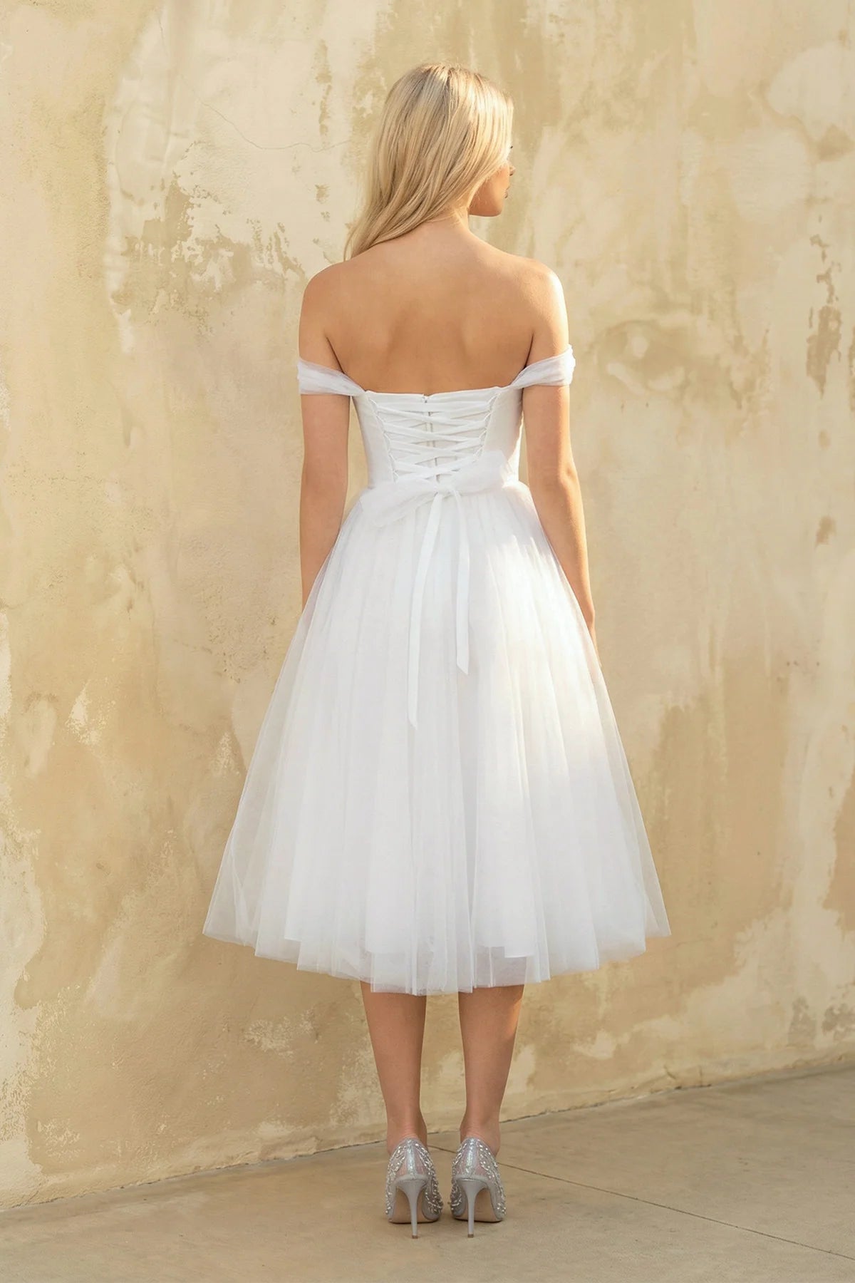 Sweet A-Line Off-The-Shoulder Little White Tulle Wedding Dresses