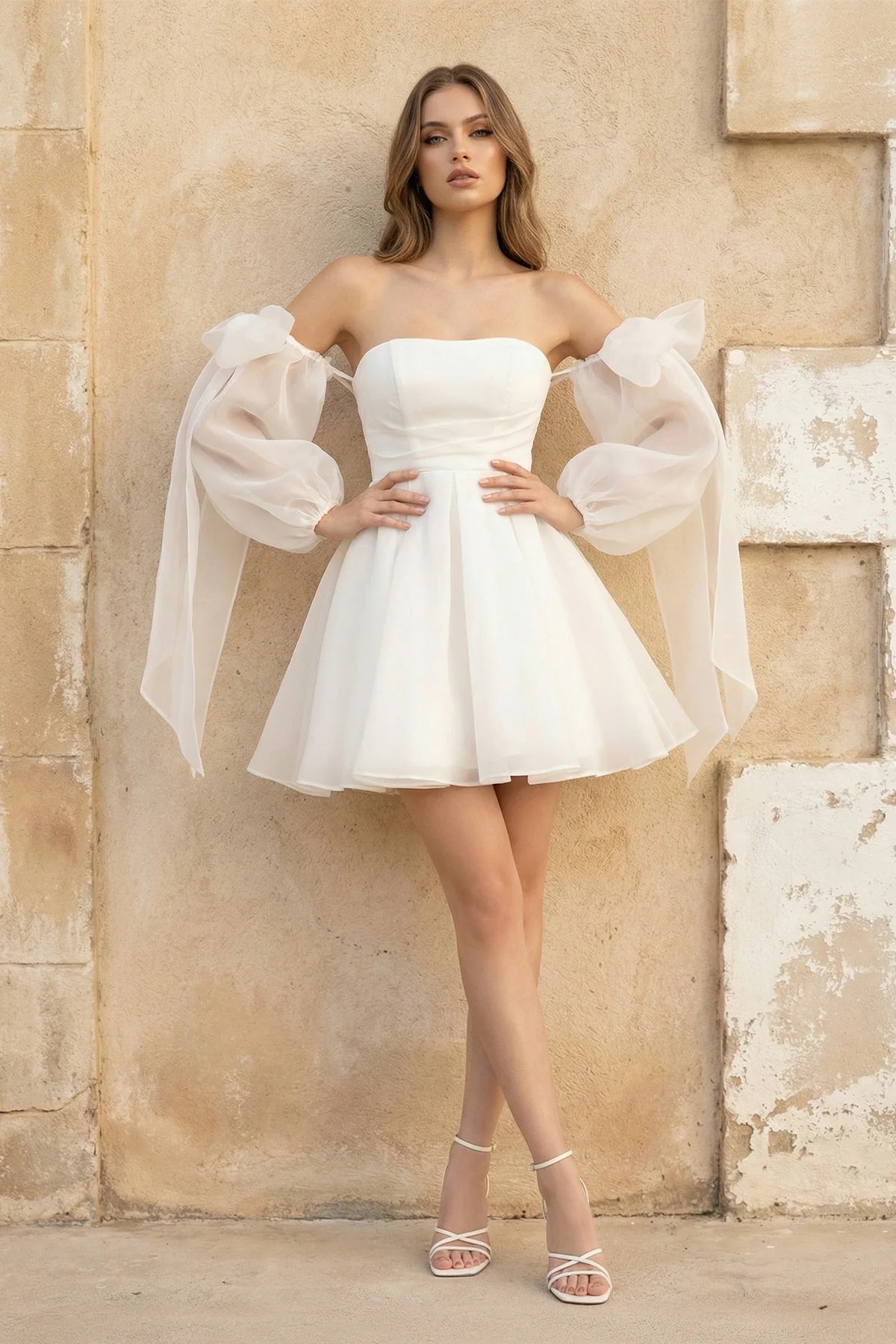A-Line Puff Long Sleeves Short Wedding Dresses With Bows