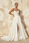 A-Line Diamond White Sleeveless Satin Wedding Dress With Side Slit