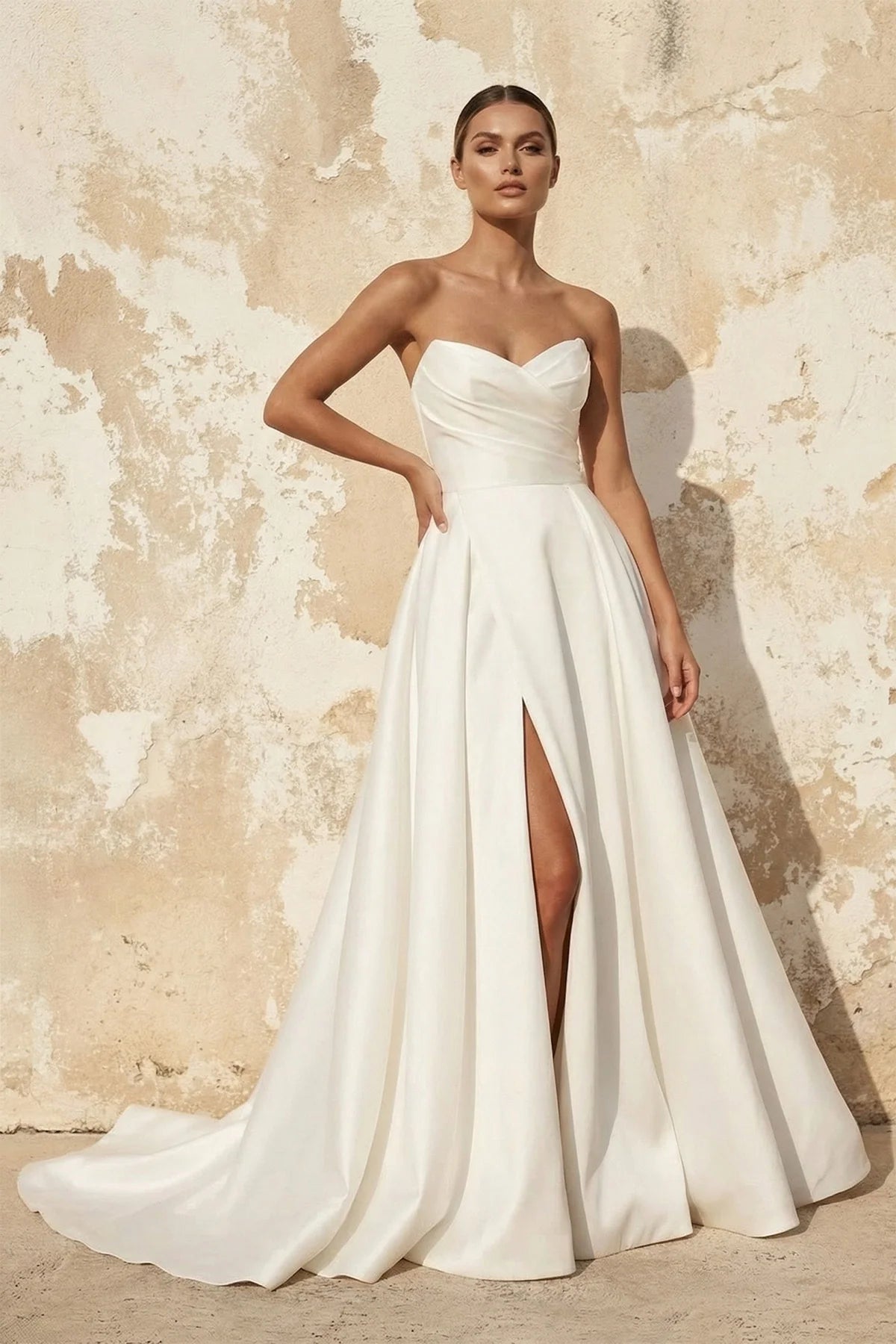 A-Line Diamond White Sleeveless Satin Wedding Dress With Side Slit