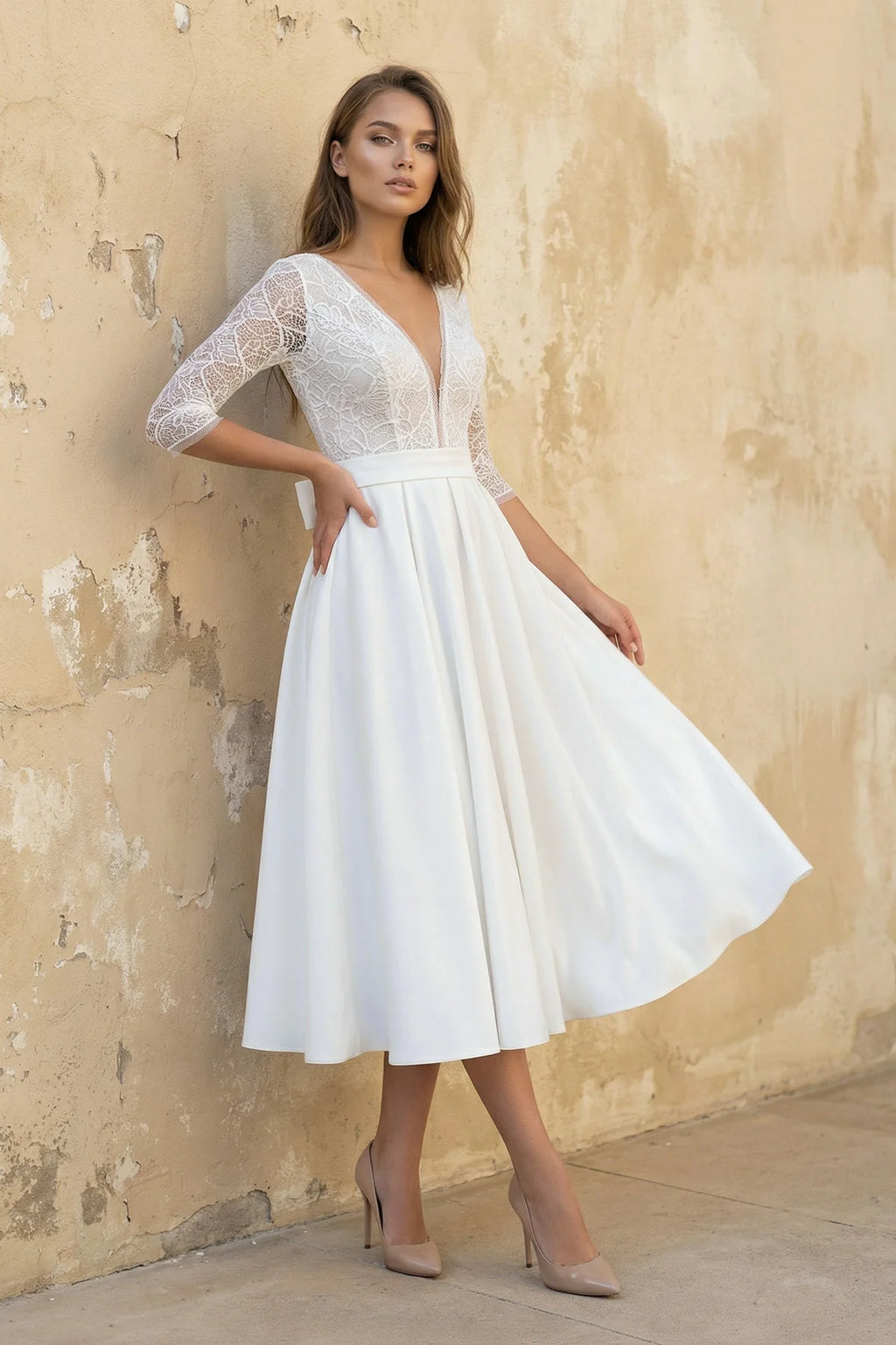 Satin V-neck A Line Tea-length Wedding Dress with Ruching and Sash