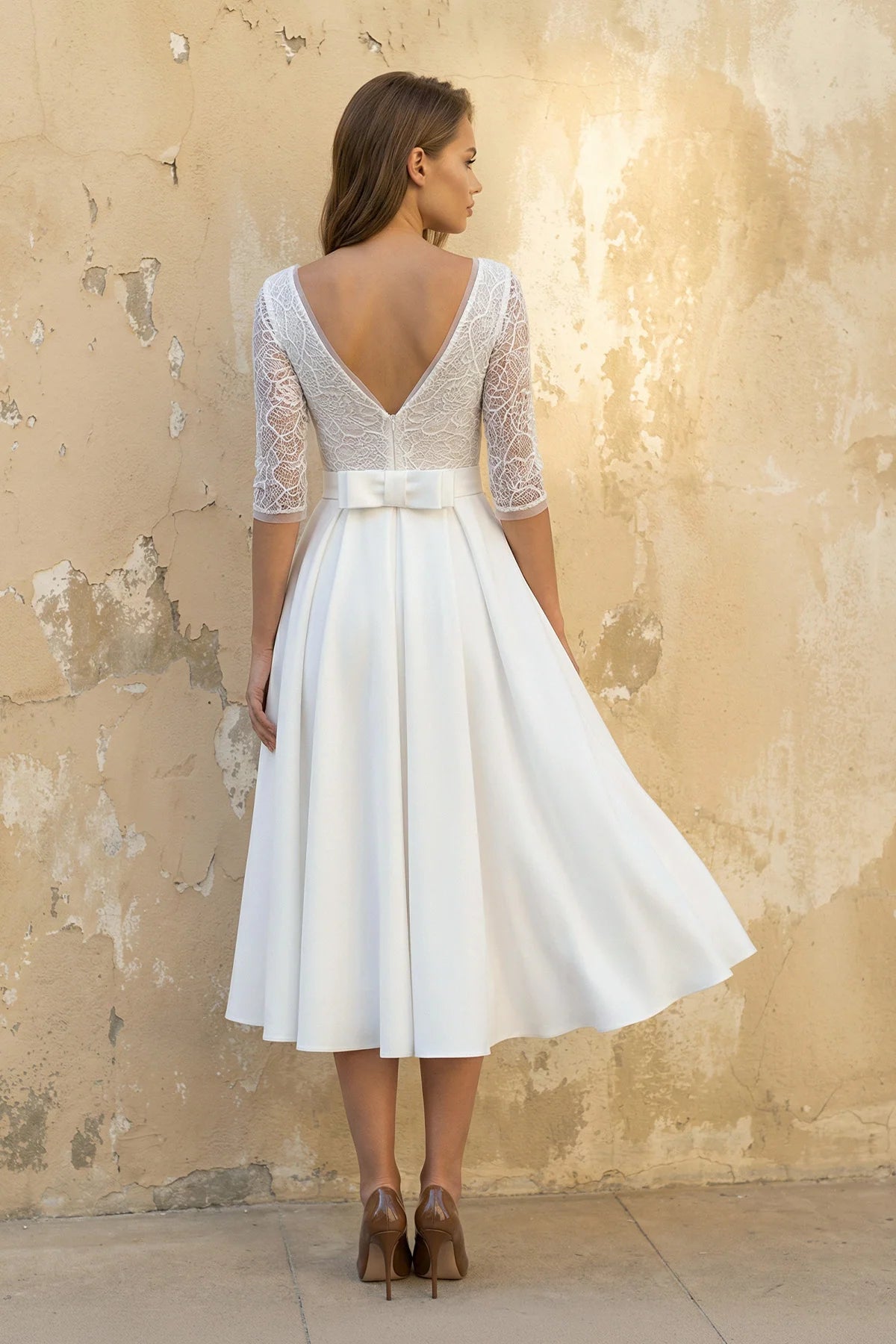 Satin V-neck A Line Tea-length Wedding Dress with Ruching and Sash