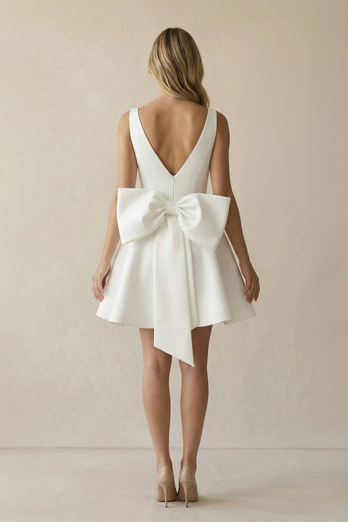 A-Line White Satin V-Neck Short Wedding Dress with Bow