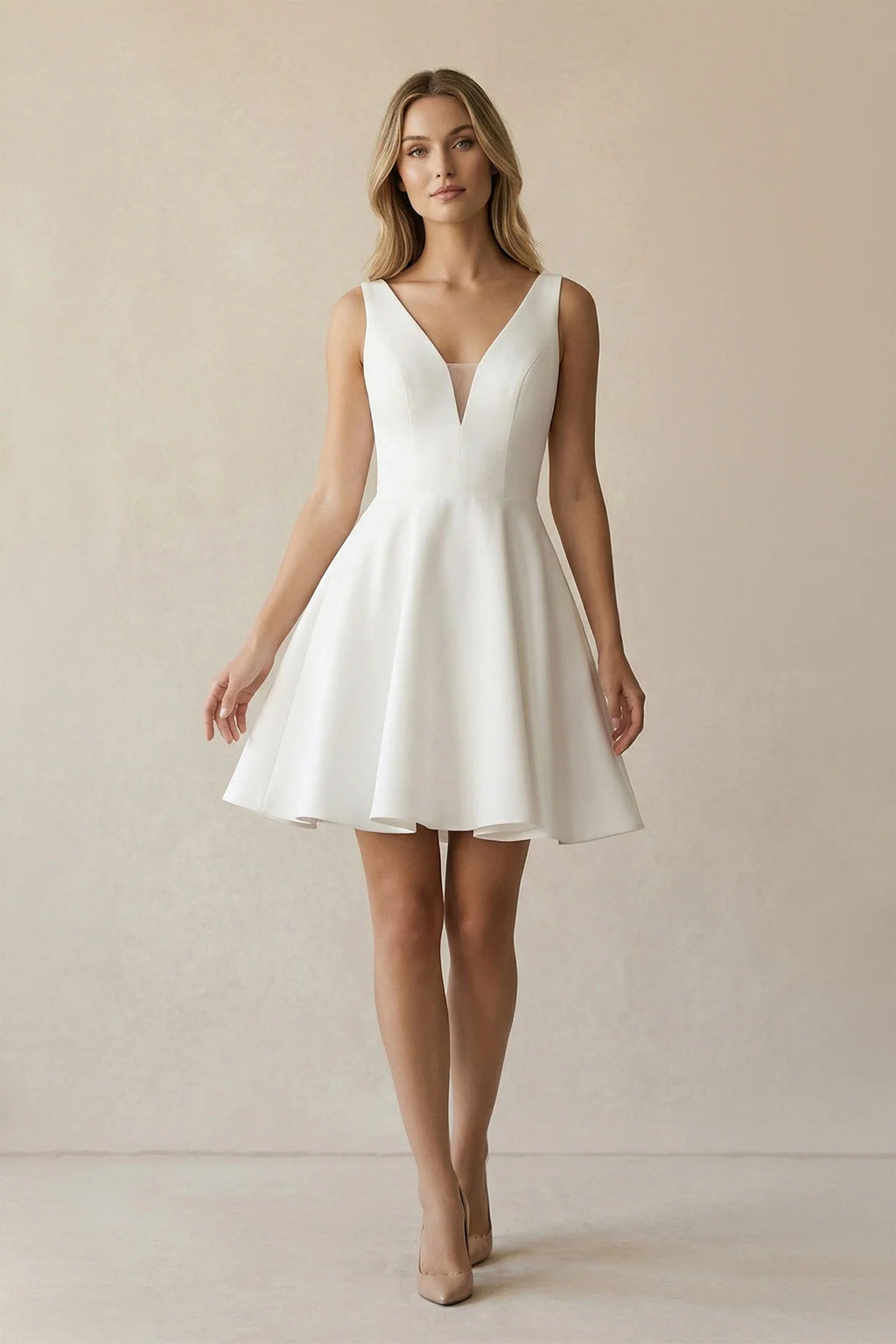A-Line White Satin V-Neck Short Wedding Dress with Bow