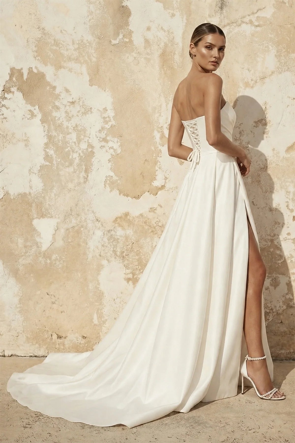 A-Line Diamond White Sleeveless Satin Wedding Dress With Side Slit