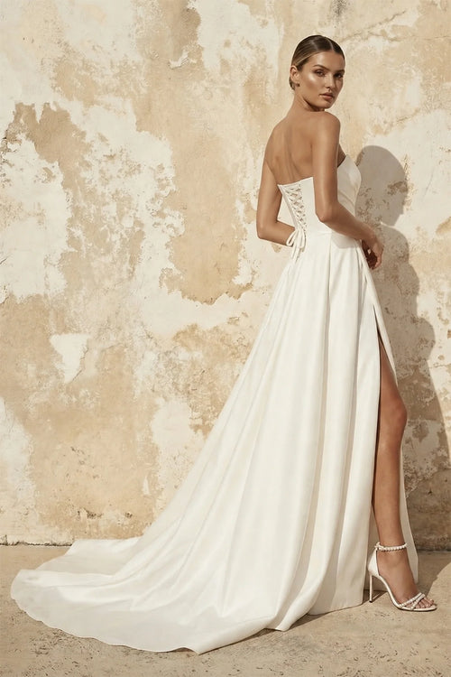 A-Line Diamond White Sleeveless Satin Wedding Dress With Side Slit