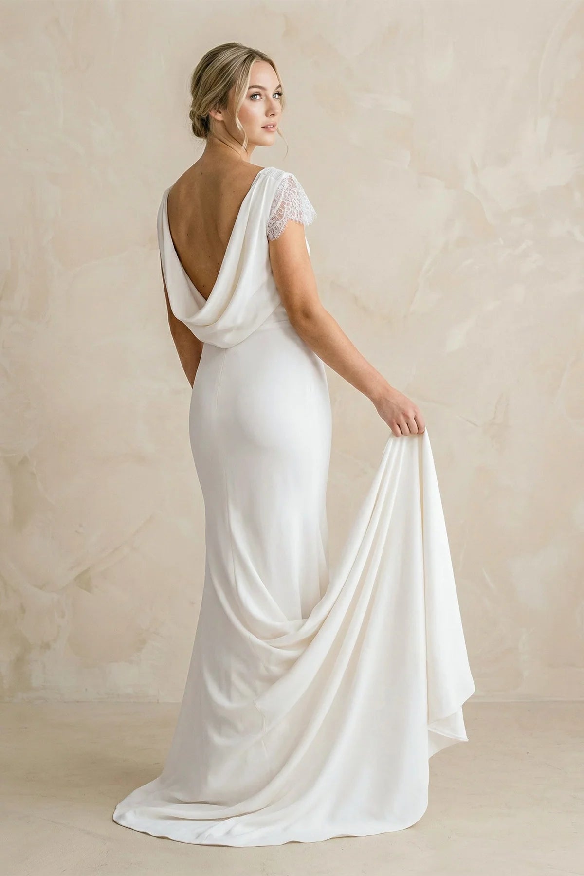 Bateau Neck Lace Cap Sleeve Mermaid Satin Chiffon Dress With Cowl Back