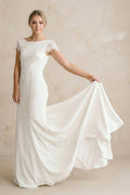 Bateau Neck Lace Cap Sleeve Mermaid Satin Chiffon Dress With Cowl Back