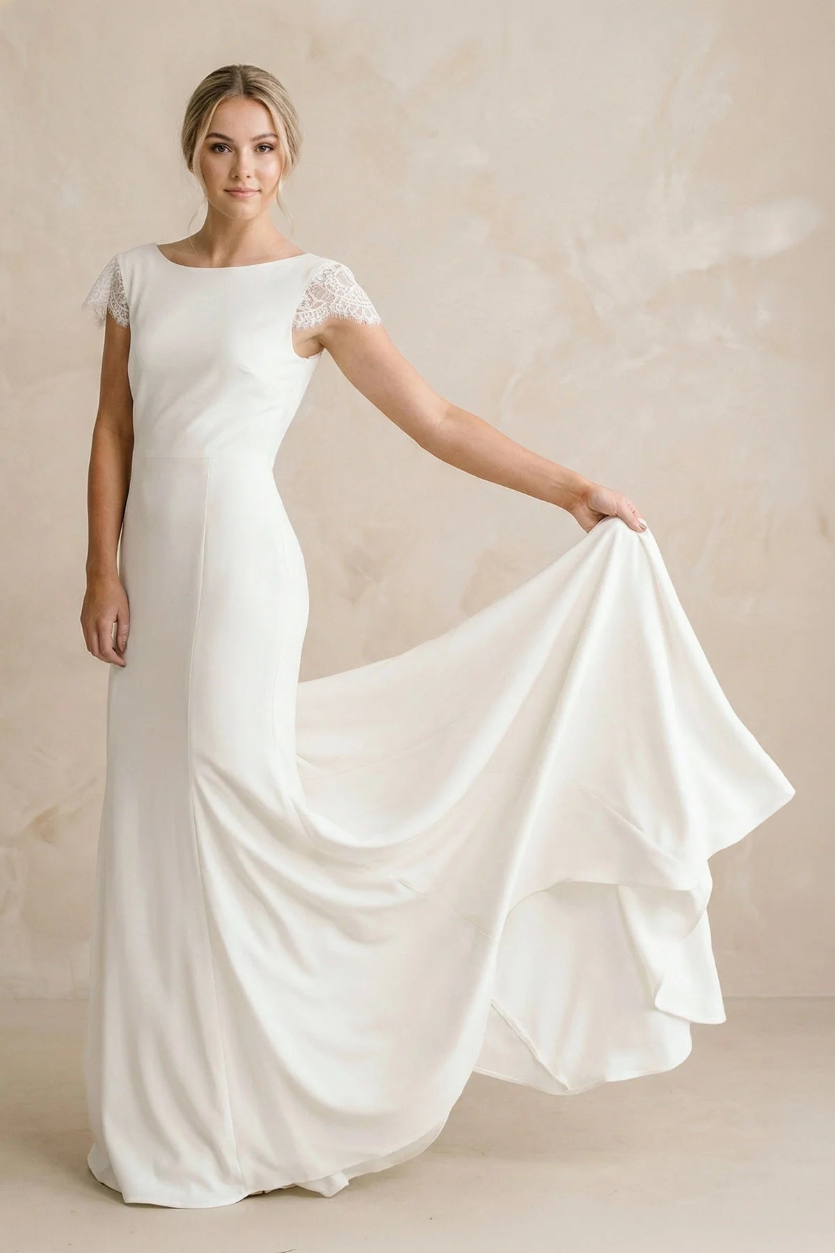 Bateau Neck Lace Cap Sleeve Mermaid Satin Chiffon Dress With Cowl Back