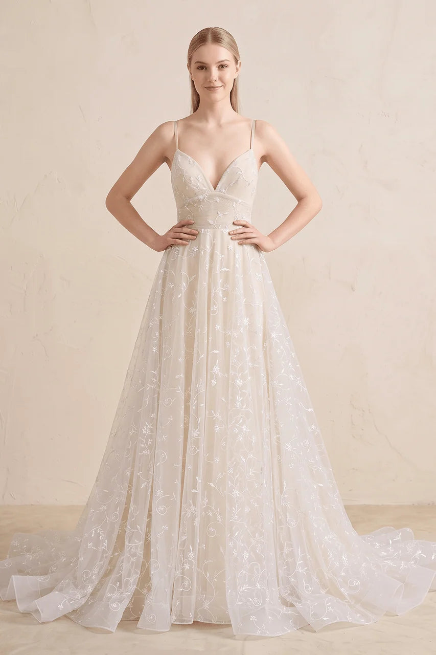Beautiful A Line Spaghetti Straps Light Champagne Wedding Dress
