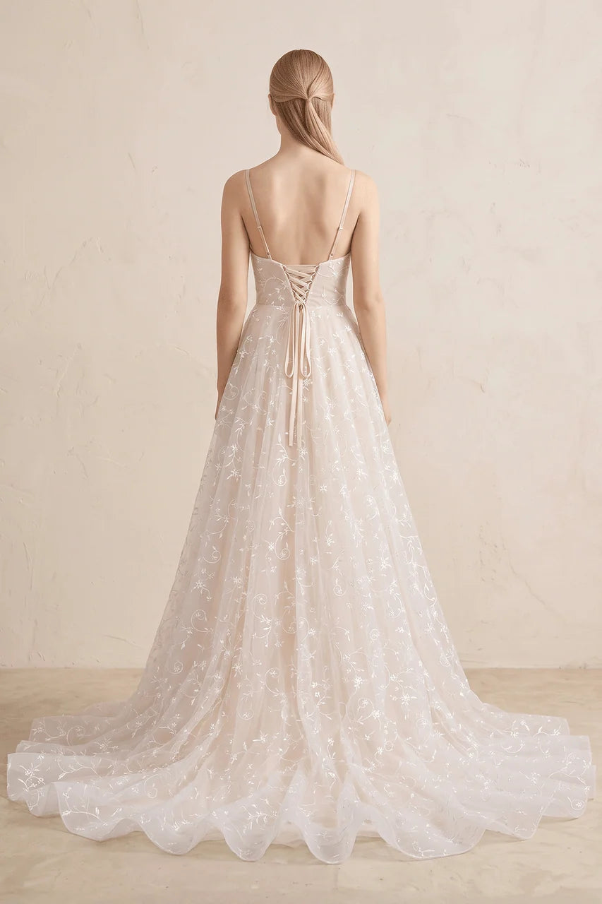 Beautiful A Line Spaghetti Straps Light Champagne Wedding Dress
