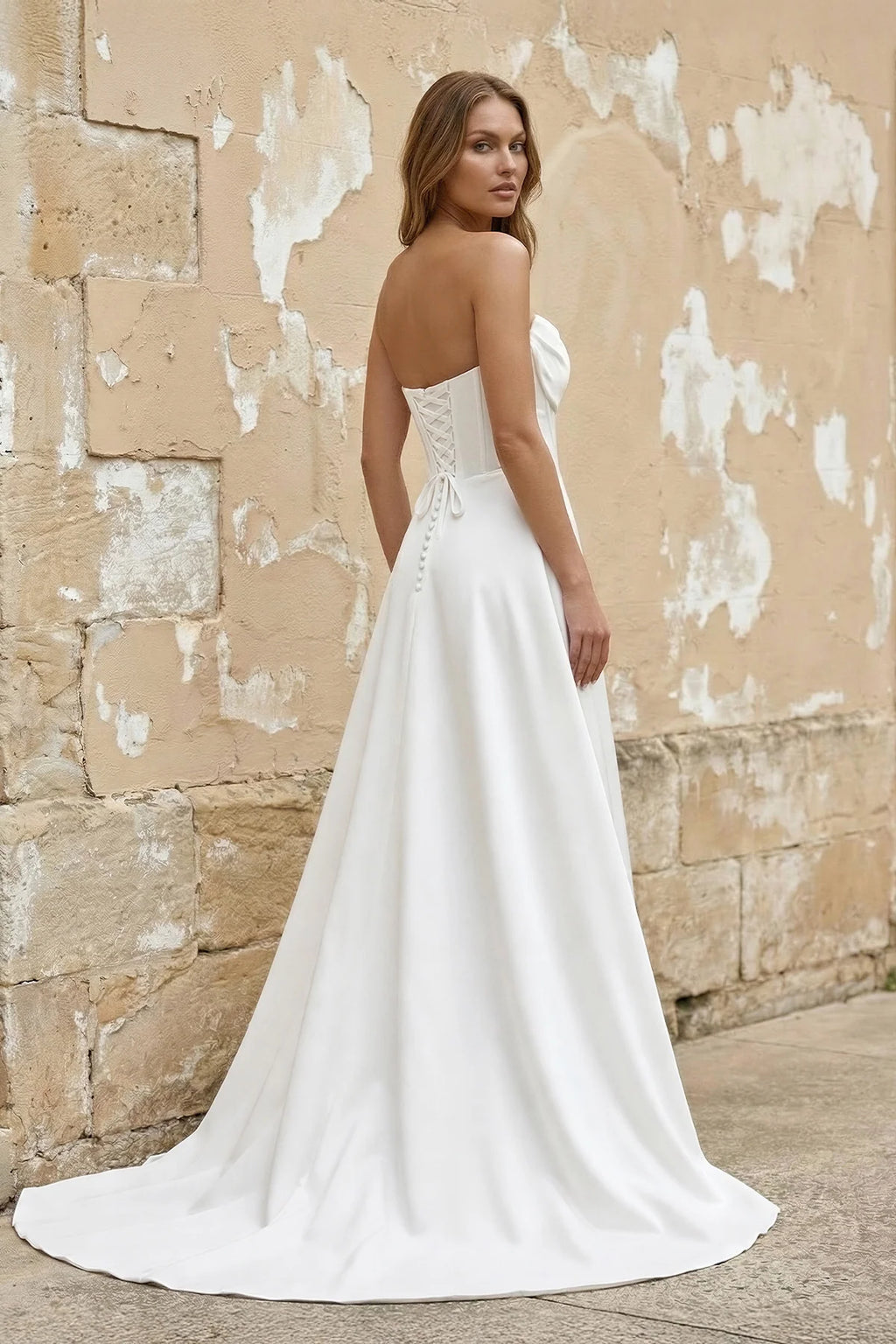 Sheath Strapless White Satin Wedding Dresses with Slit
