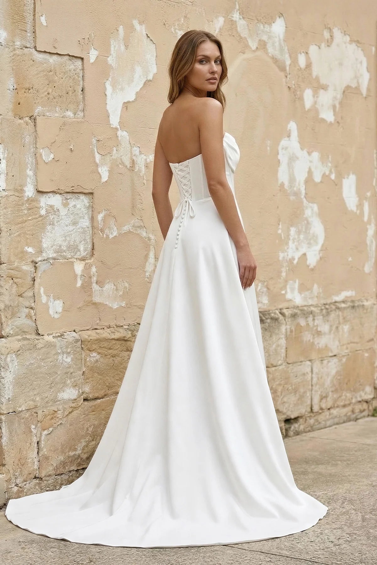 Sheath Strapless White Satin Wedding Dresses with Slit