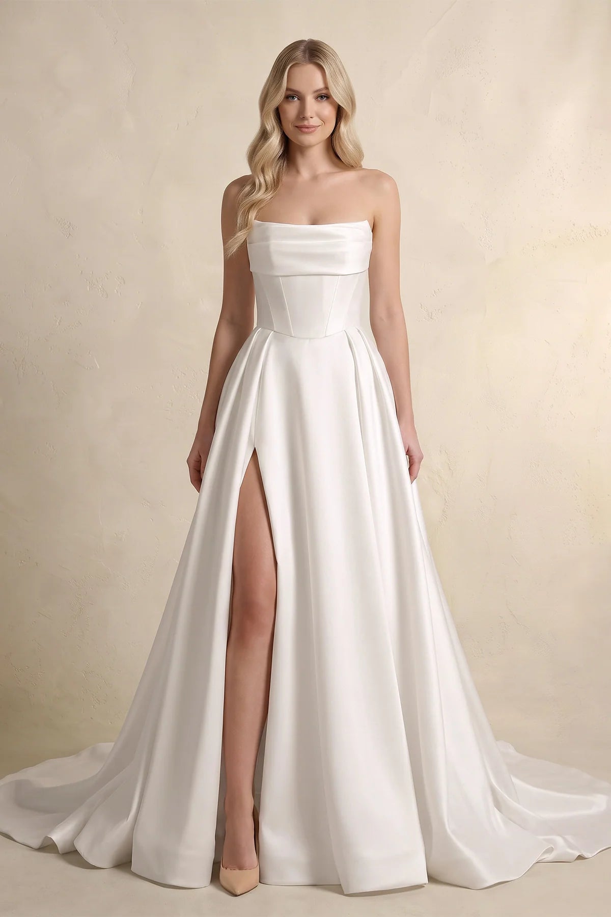 Diamond White Strapless Satin A-Line Wedding Dresses