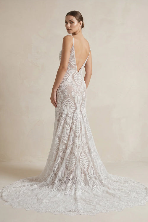 Beach Floral Mermaid Plunging Boho Lace Wedding Dress with Sweep Train