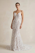 Beach Floral Mermaid Plunging Boho Lace Wedding Dress with Sweep Train