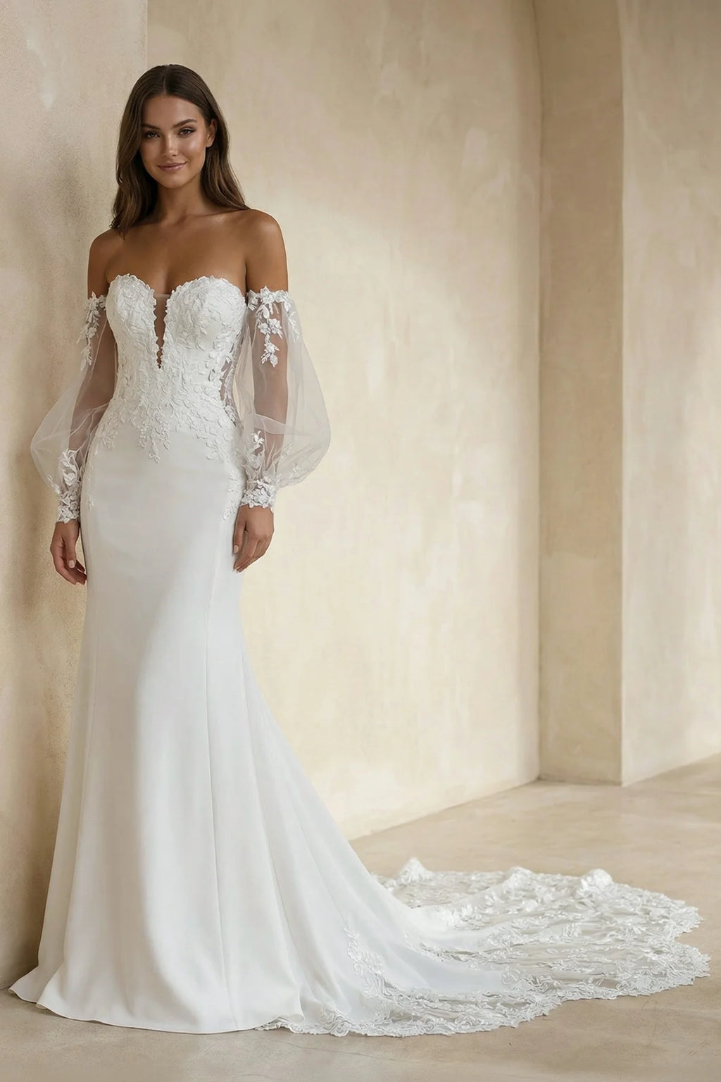 Ethereal Mermaid Plunging Neck Chiffon Tulle Wedding Dress with Appliques