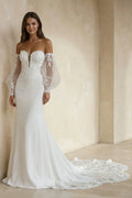 Ethereal Mermaid Plunging Neck Chiffon Tulle Wedding Dress with Appliques