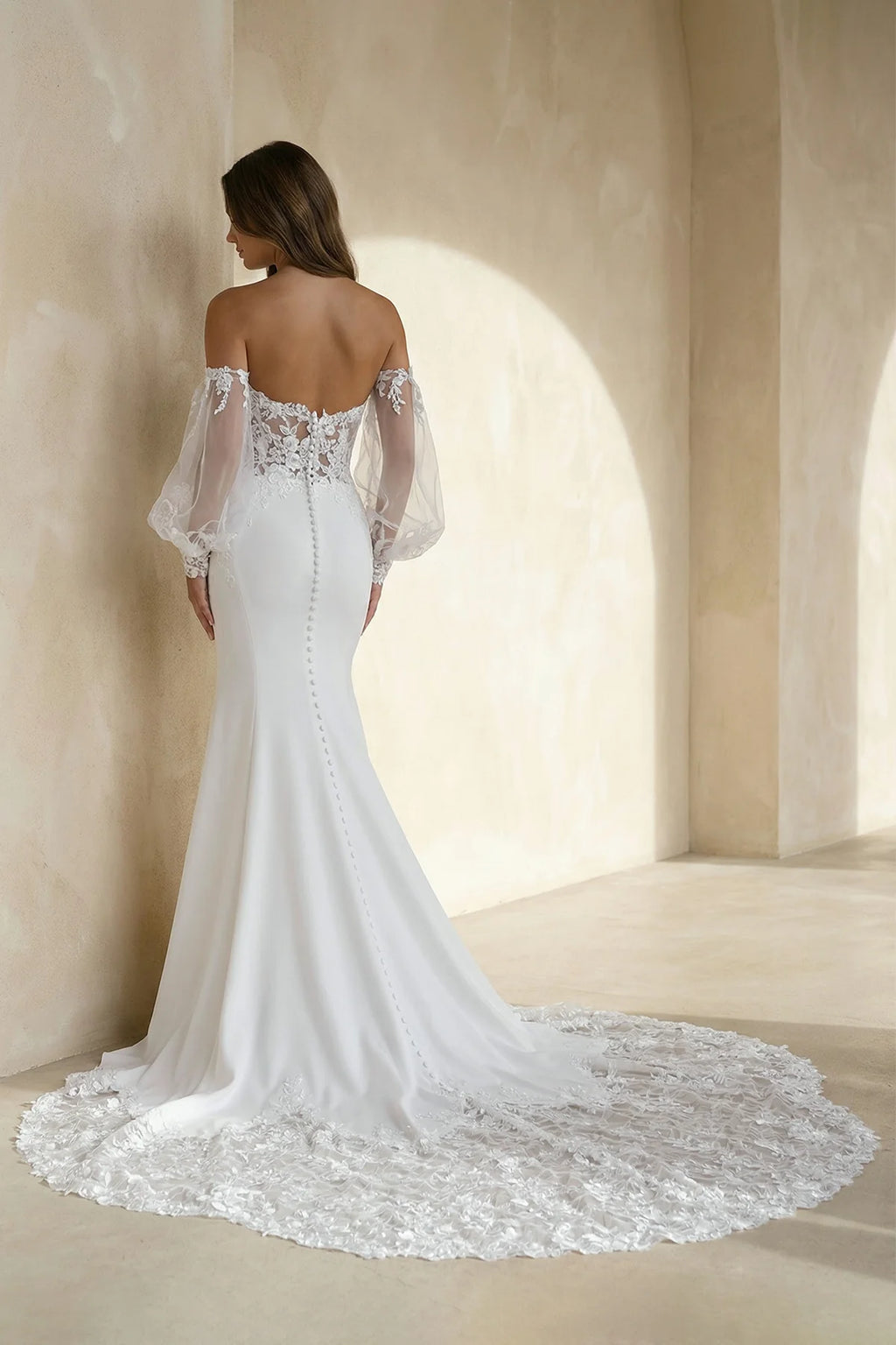 Ethereal Mermaid Plunging Neck Chiffon Tulle Wedding Dress with Appliques