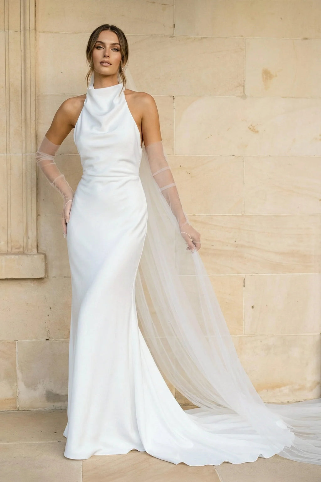 Elegant Mermaid White Halter Satin Wedding Dresses