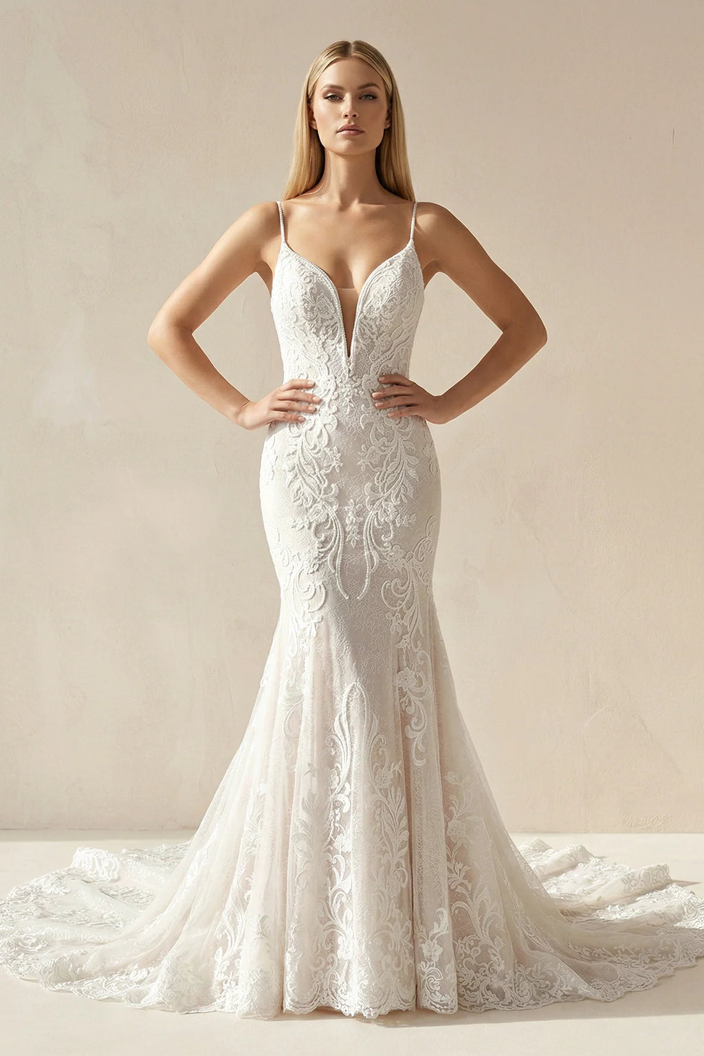 Ivory Mermaid Spaghetti Straps Backless Long Lace Wedding Dress