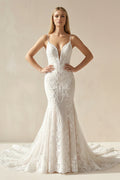 Ivory Mermaid Spaghetti Straps Backless Long Lace Wedding Dress