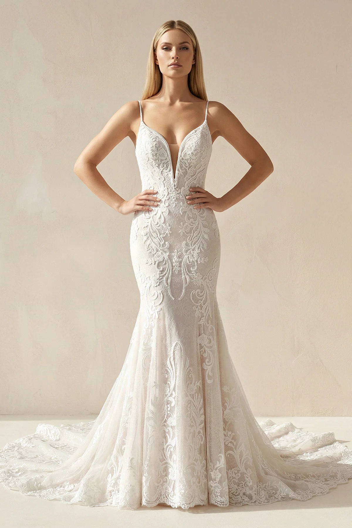 Ivory Mermaid Spaghetti Straps Backless Long Lace Wedding Dress