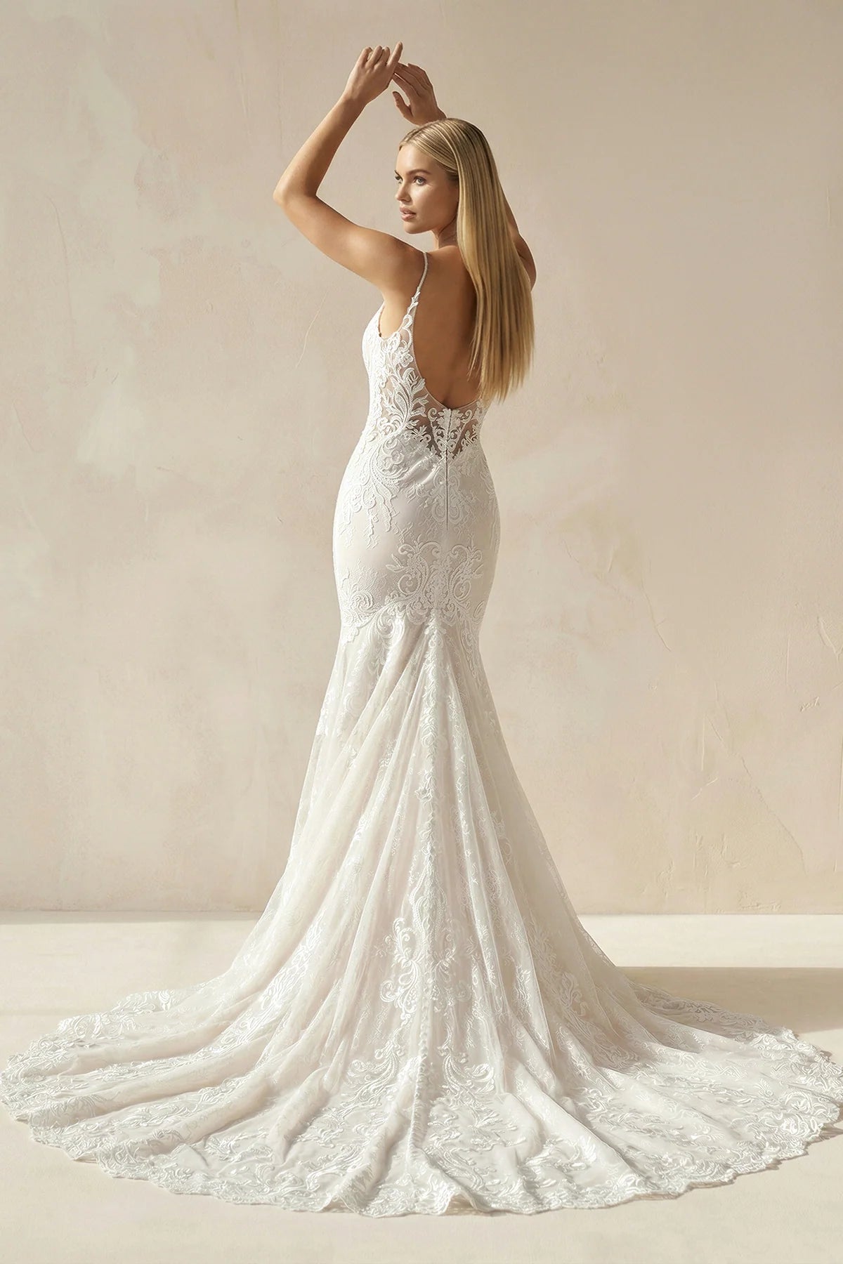 Ivory Mermaid Spaghetti Straps Backless Long Lace Wedding Dress