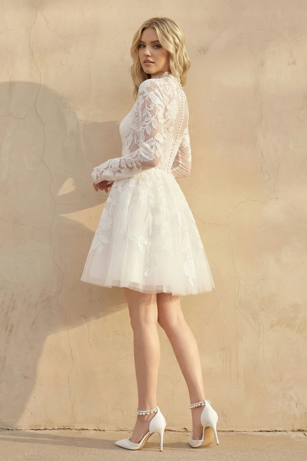 Short White A-Line Illusion Neck Long Sleeves Lace Wedding Dresses