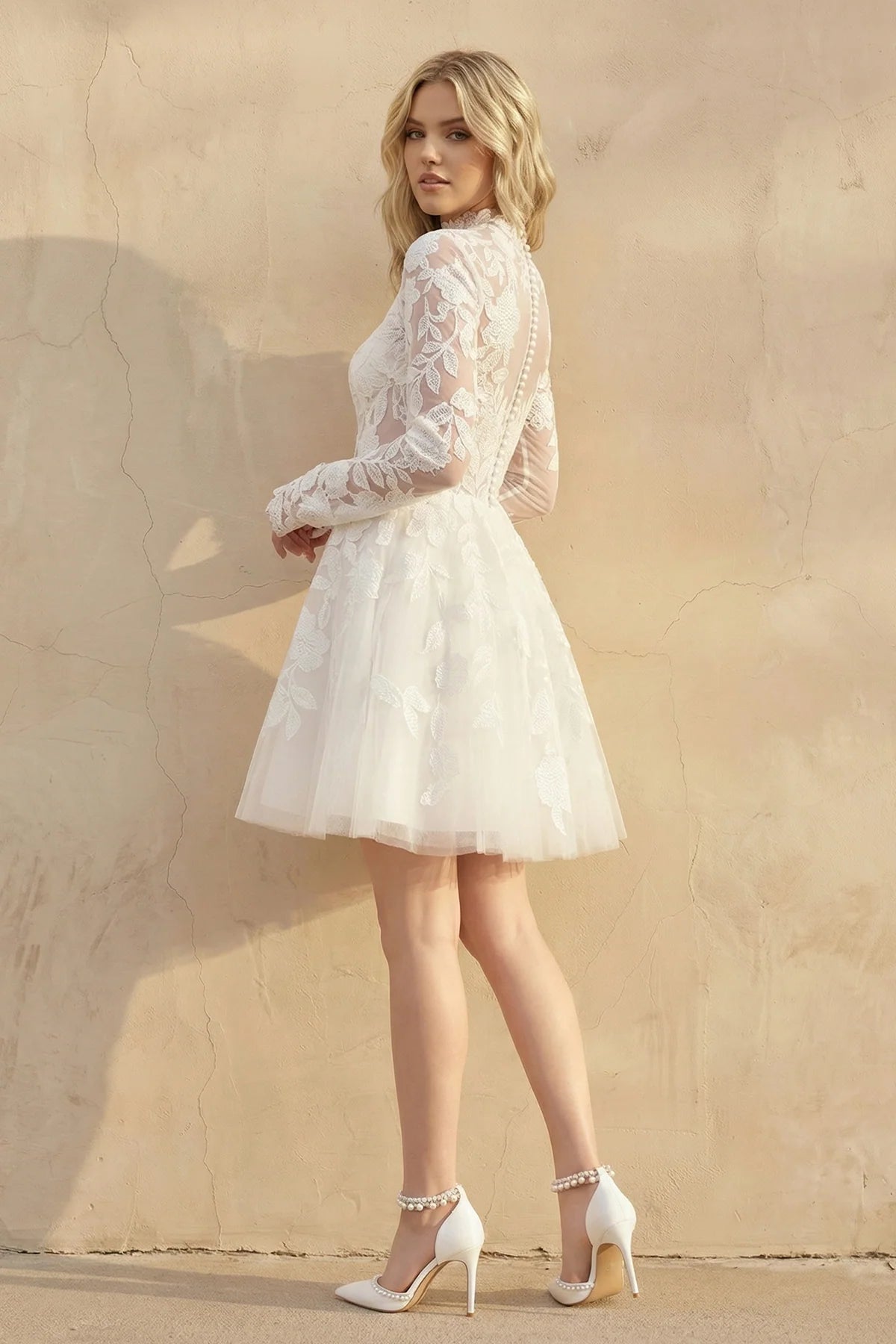 Short White A-Line Illusion Neck Long Sleeves Lace Wedding Dresses