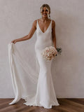 Mermaid Deep V-Neck Backless White Wedding Dress