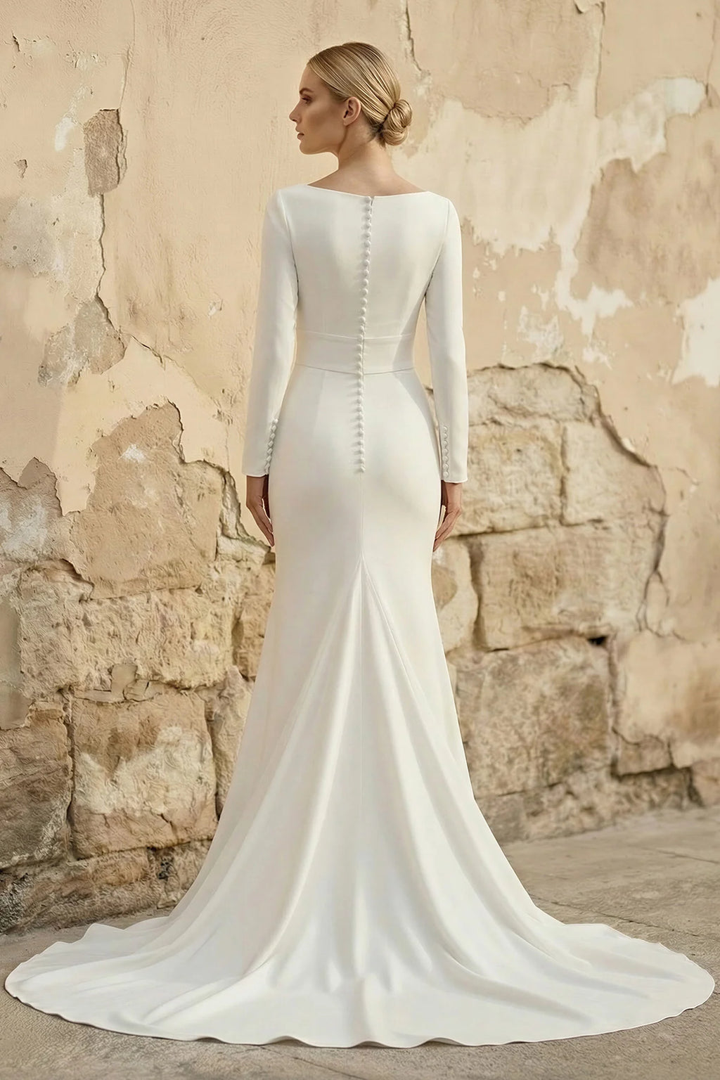 Modest Long Sleeve Satin Mermaid Wedding Dress With Sweep Train
