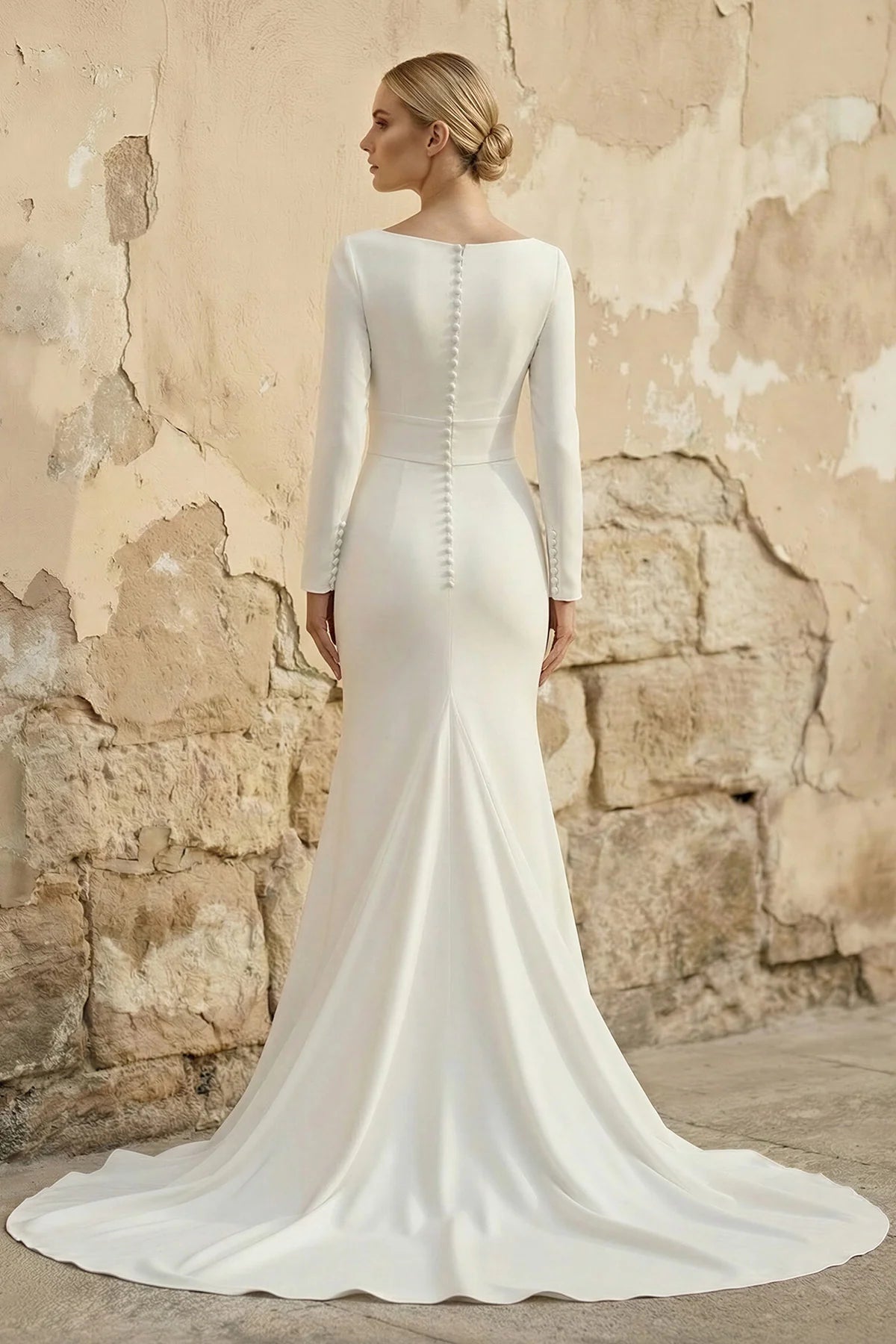 Modest Long Sleeve Satin Mermaid Wedding Dress With Sweep Train