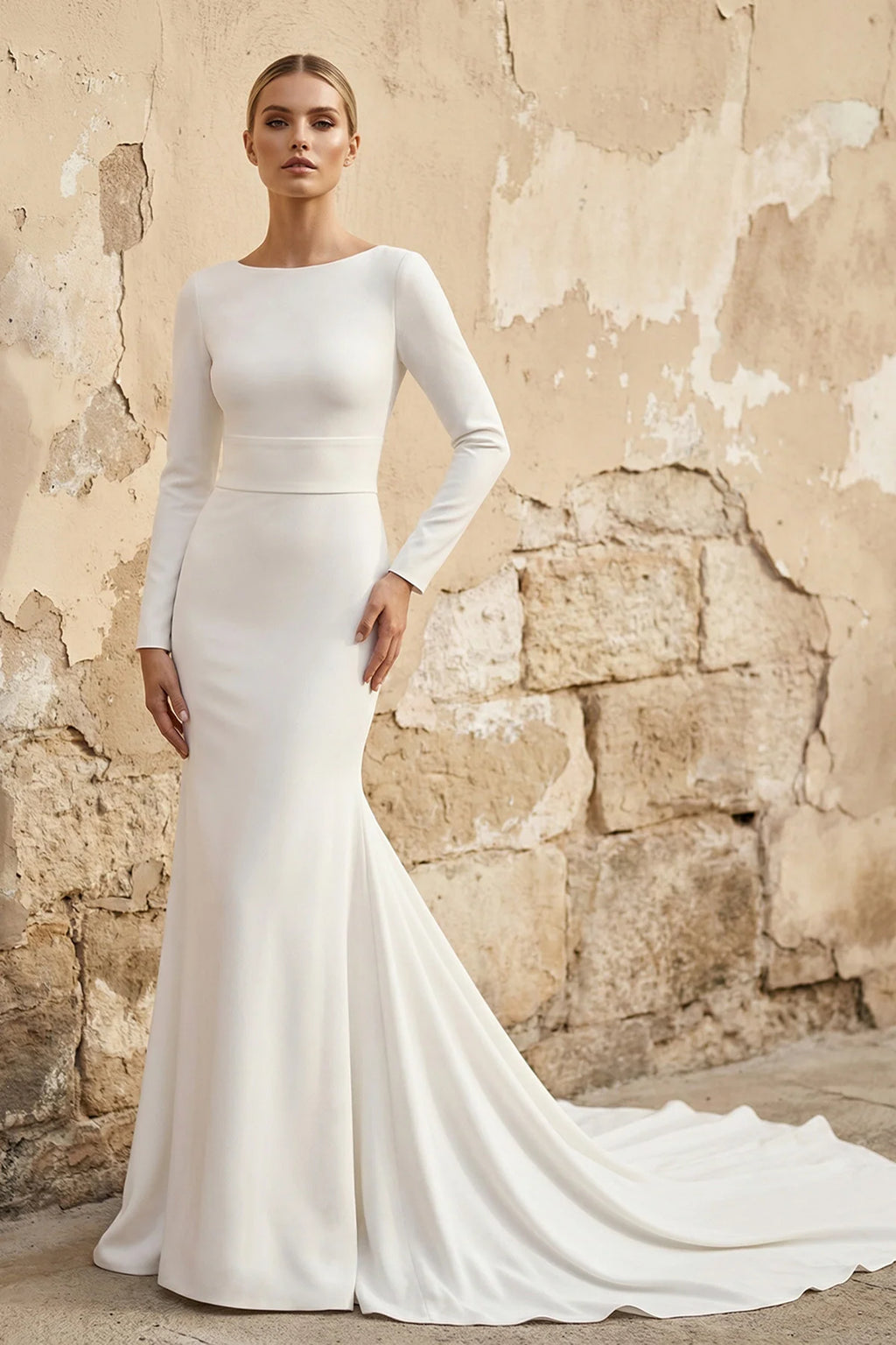 Modest Long Sleeve Satin Mermaid Wedding Dress With Sweep Train
