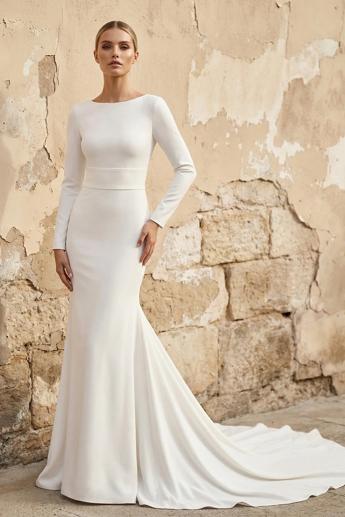Modest Long Sleeve Satin Mermaid Wedding Dress With Sweep Train
