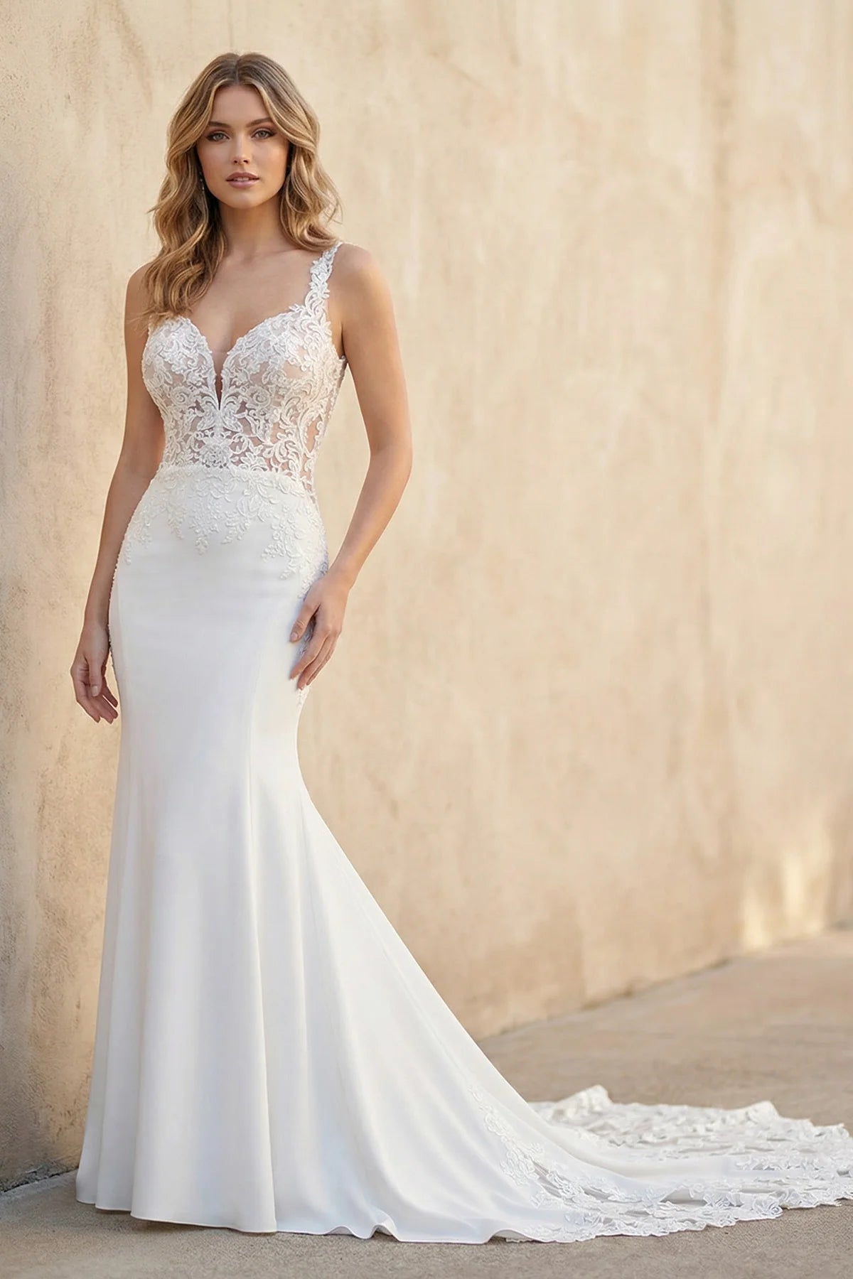 Lace Straps Sweep Train Mermaid White Wedding Dress