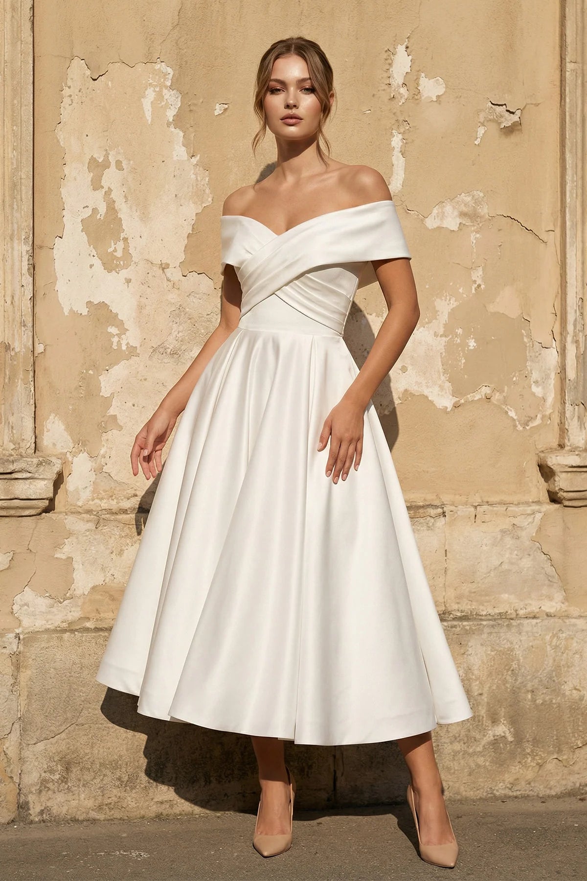 A-Line White Satin V-Neck Short Wedding Dress with Bow