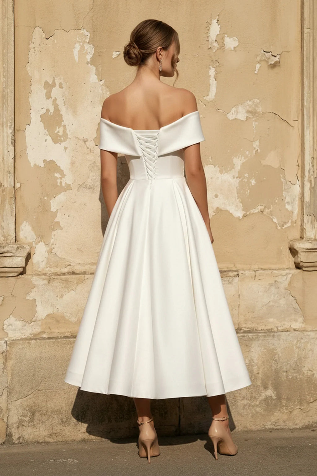 A-Line Satin Tea Length Diamond White Off the Shoulder Wedding Dress