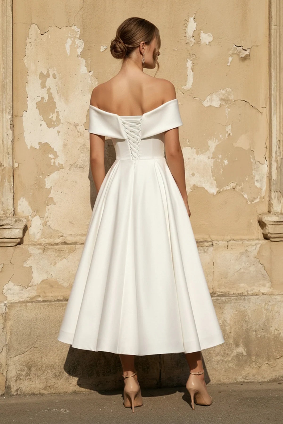 A-Line White Satin V-Neck Short Wedding Dress with Bow