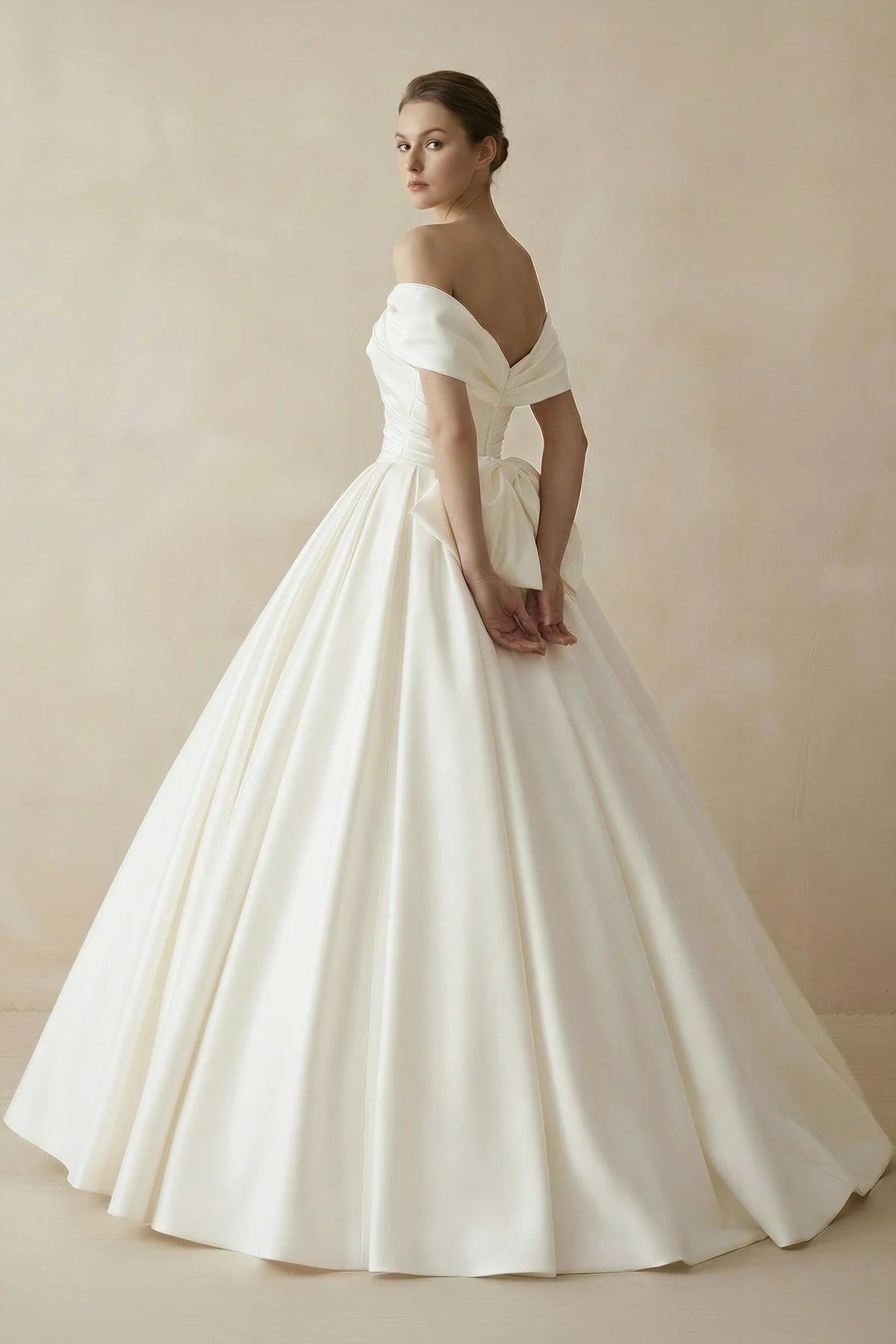 Simple A-line Off The Shoulder Satin Diamond White Long Wedding Dress