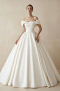 Simple A-line Off The Shoulder Satin Diamond White Long Wedding Dress