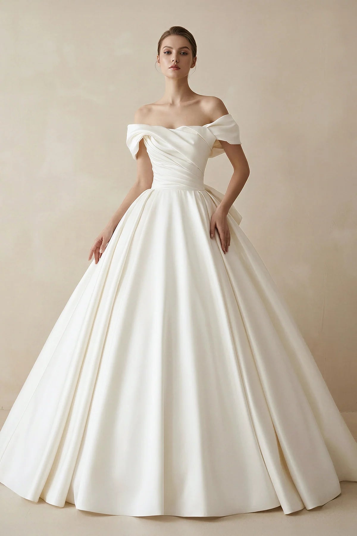 Simple A-line Off The Shoulder Satin Diamond White Long Wedding Dress