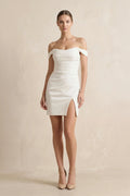Off-the-Shoulder Short Satin Cowl Neck Simple Formal Wedding Dress With Slit