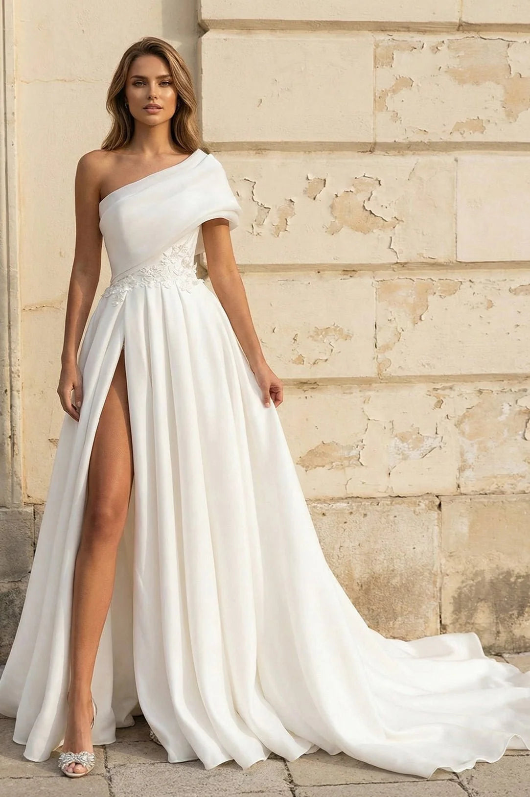 A-Line One-Shoulder Organza Sweep Train Wedding Dress With Appliques Lace